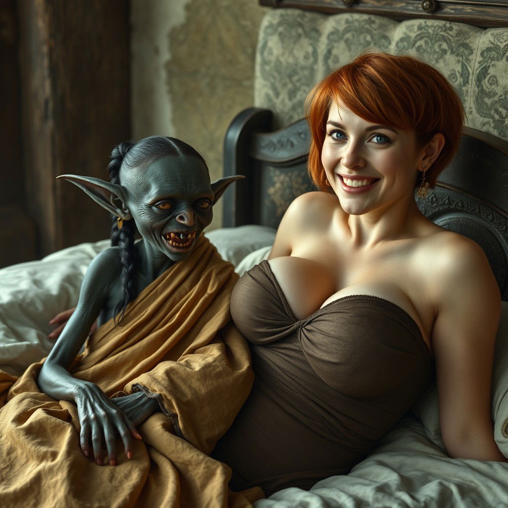 In a medieval bedroom, a very small, African female goblin with dark skin and a malnourished body lies on a bed