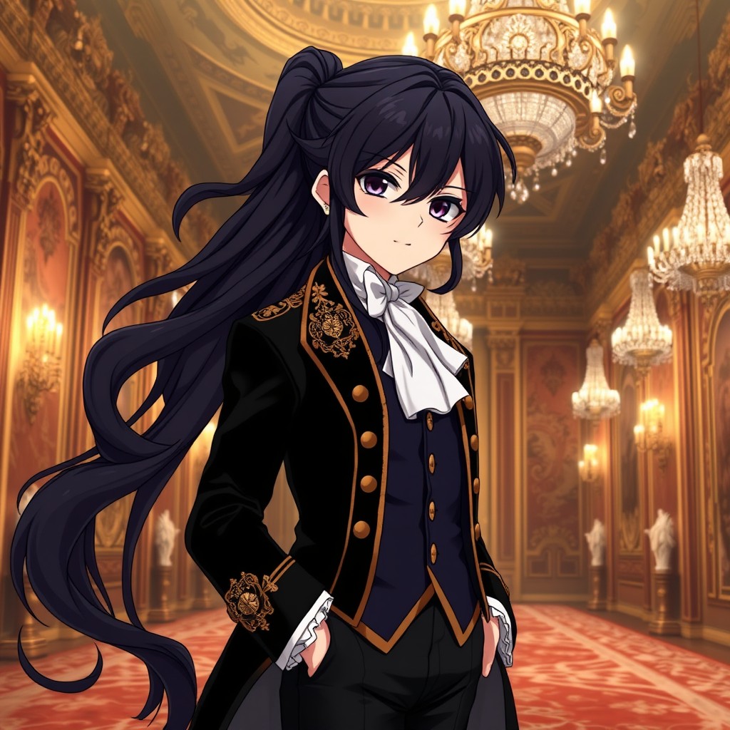 An elegant anime character with long, wavy dark hair that flows gracefully down their back, styled to reflect 18th-century fashion