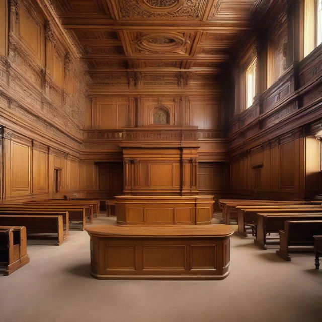 Large and imposing courtroom with polished wooden furniture, tall ceilings, and magnificently detailed walls. At the center stands a judge's bench, witness stand, and rows of seats for the public.