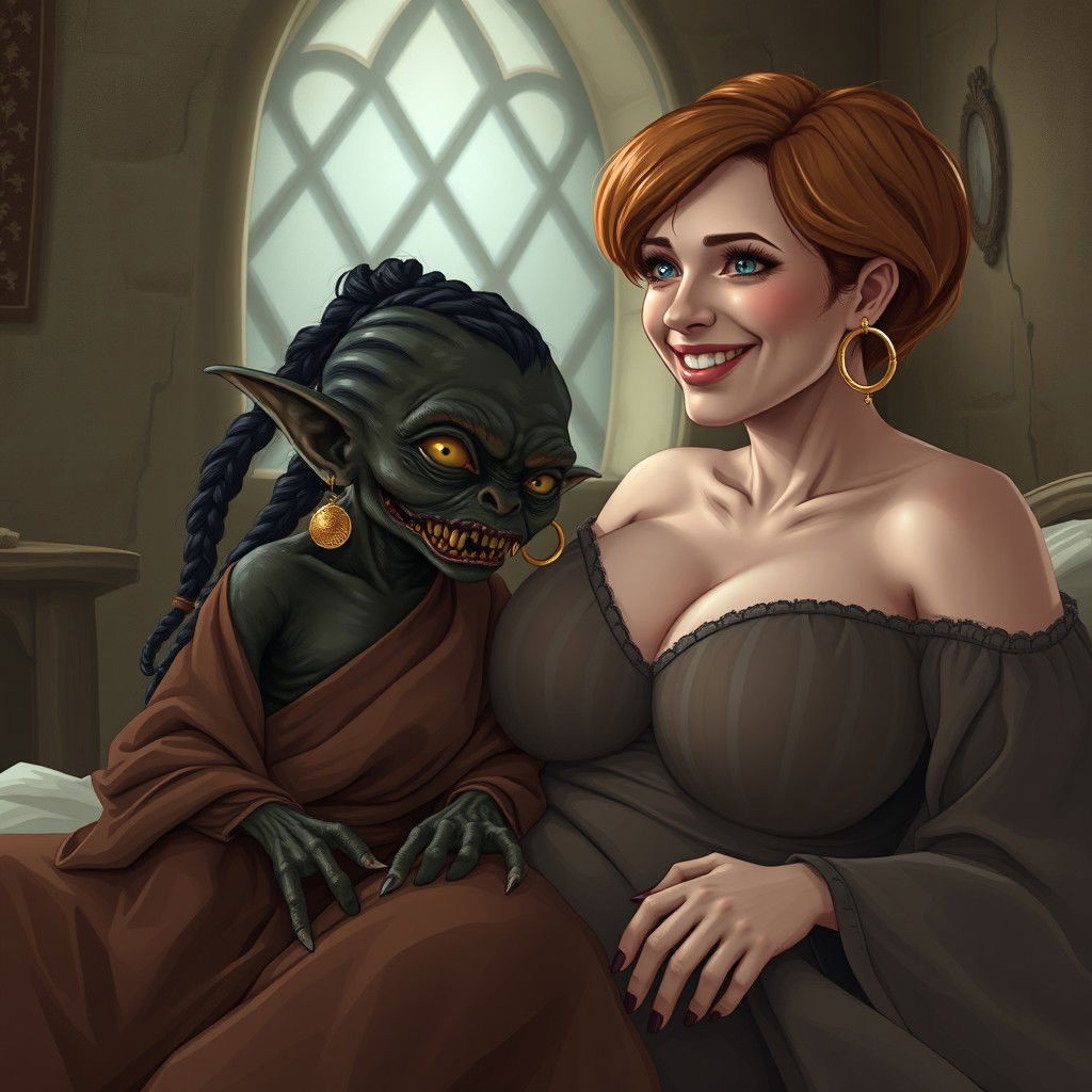 In a medieval room setting, a small female goblin with dark African skin, emaciated appearance, and sharp, rotten teeth is lying on a bed