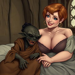 In a medieval room setting, a small female goblin with dark African skin, emaciated appearance, and sharp, rotten teeth is lying on a bed