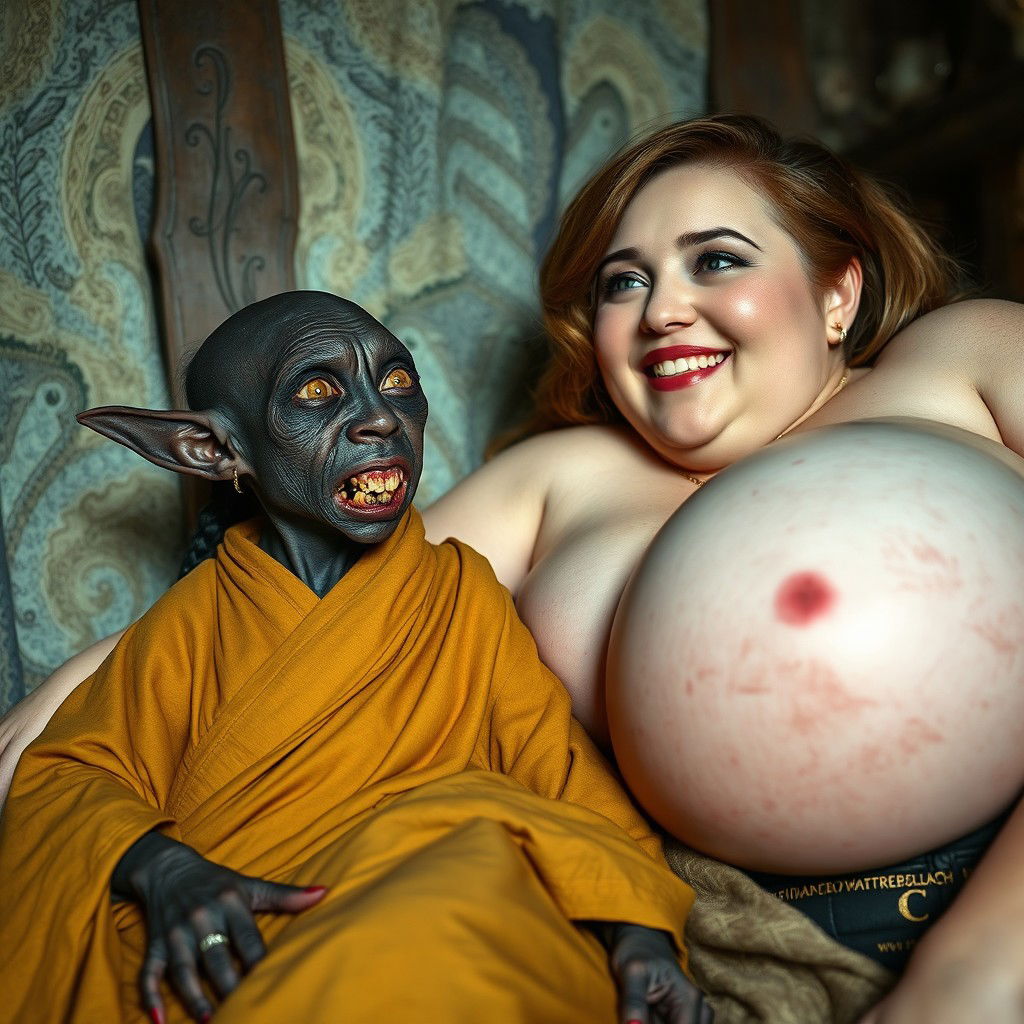 In a medieval bedroom, a small African female goblin, characterized by her very dark skin and malnourished appearance, is depicted with sharp, decayed teeth