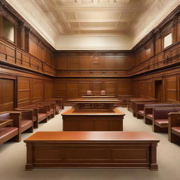 Large and imposing courtroom with polished wooden furniture, tall ceilings, and magnificently detailed walls. At the center stands a judge's bench, witness stand, and rows of seats for the public.