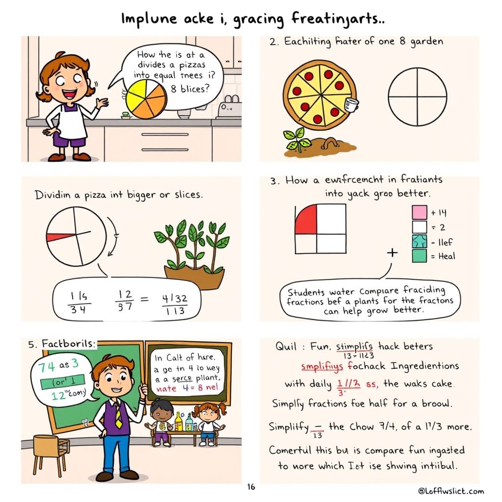 A 6-panel comic illustrating unique real-life uses of mathematics, specifically focusing on teaching fractions and comparing which is bigger or smaller