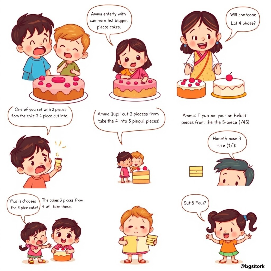 An 8-panel colorful cartoon comic strip in a cute children’s illustration style featuring a little brother, a little sister, and their Amma, centered around the theme of cakes and fractions