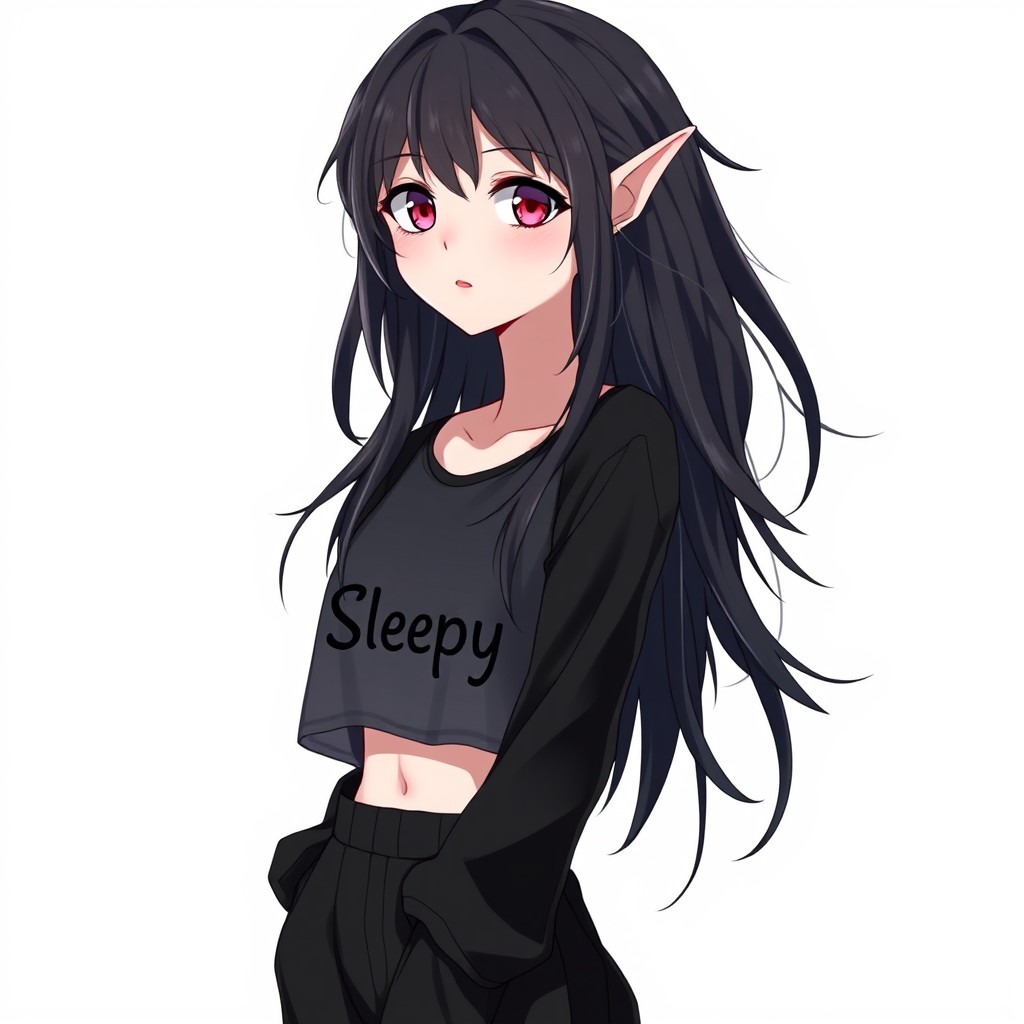 An anime young woman with long, messy black hair that flows to her hips, accentuating her very pale white skin