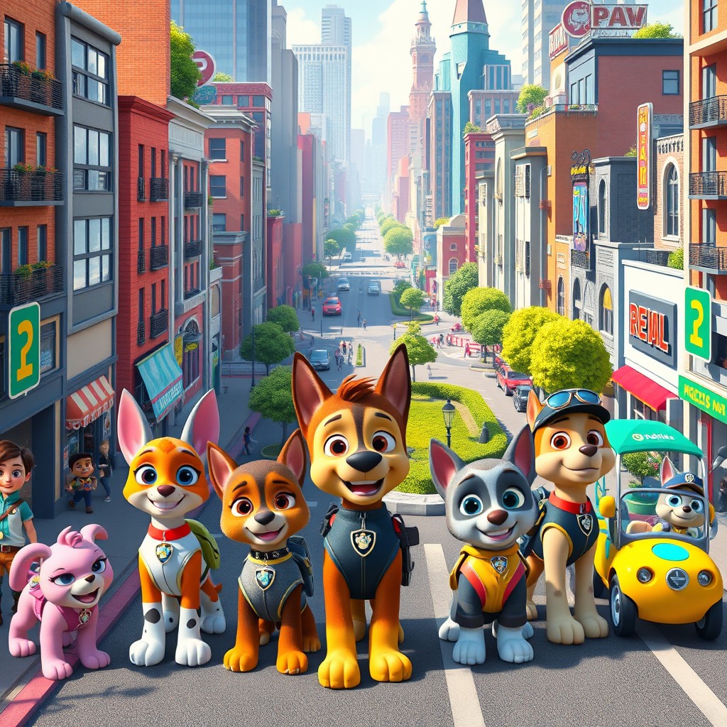 A vibrant and imaginative crossover universe combining elements from Zootopia and Paw Patrol