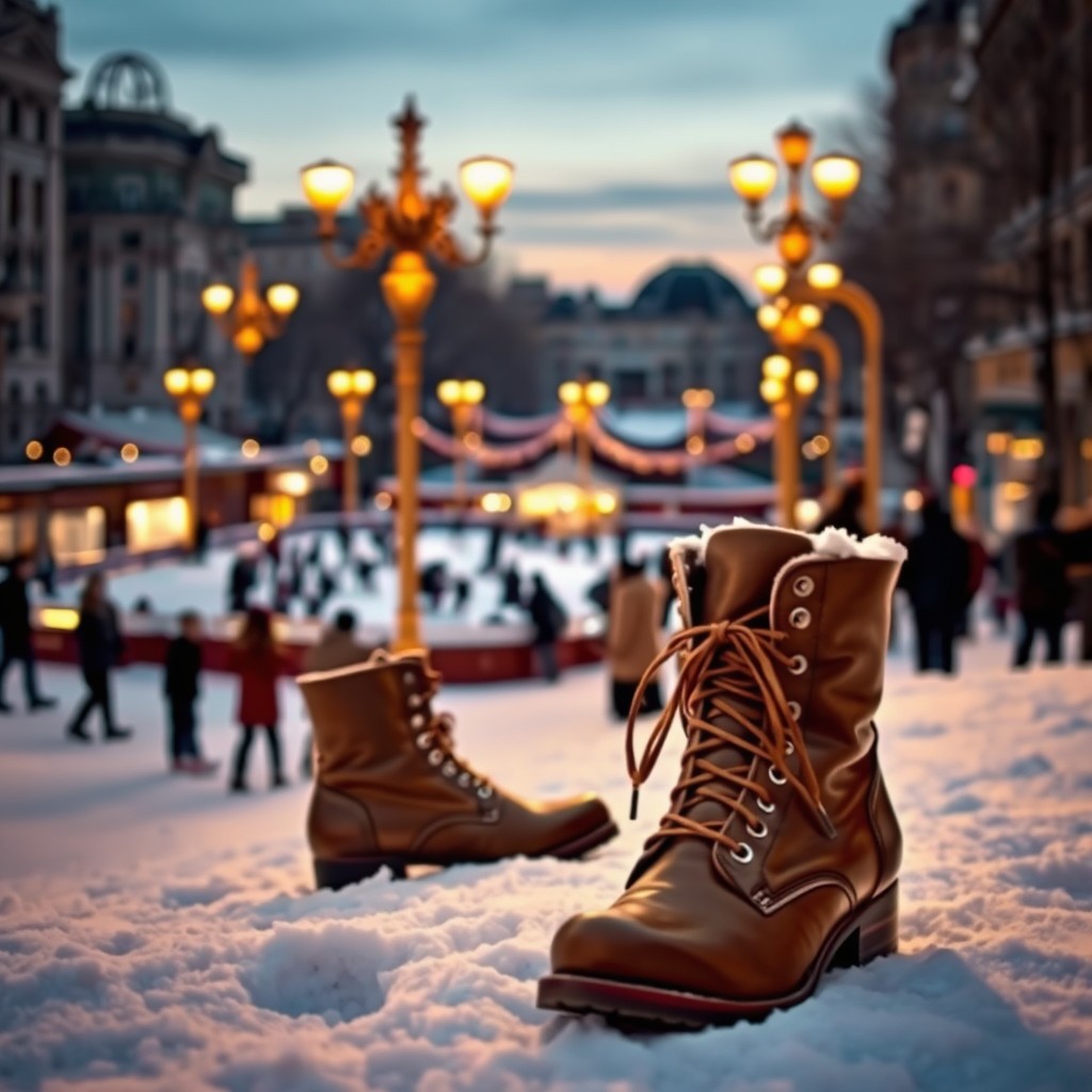 A winter street in the evening, illuminated by golden street lamps that cast a warm glow