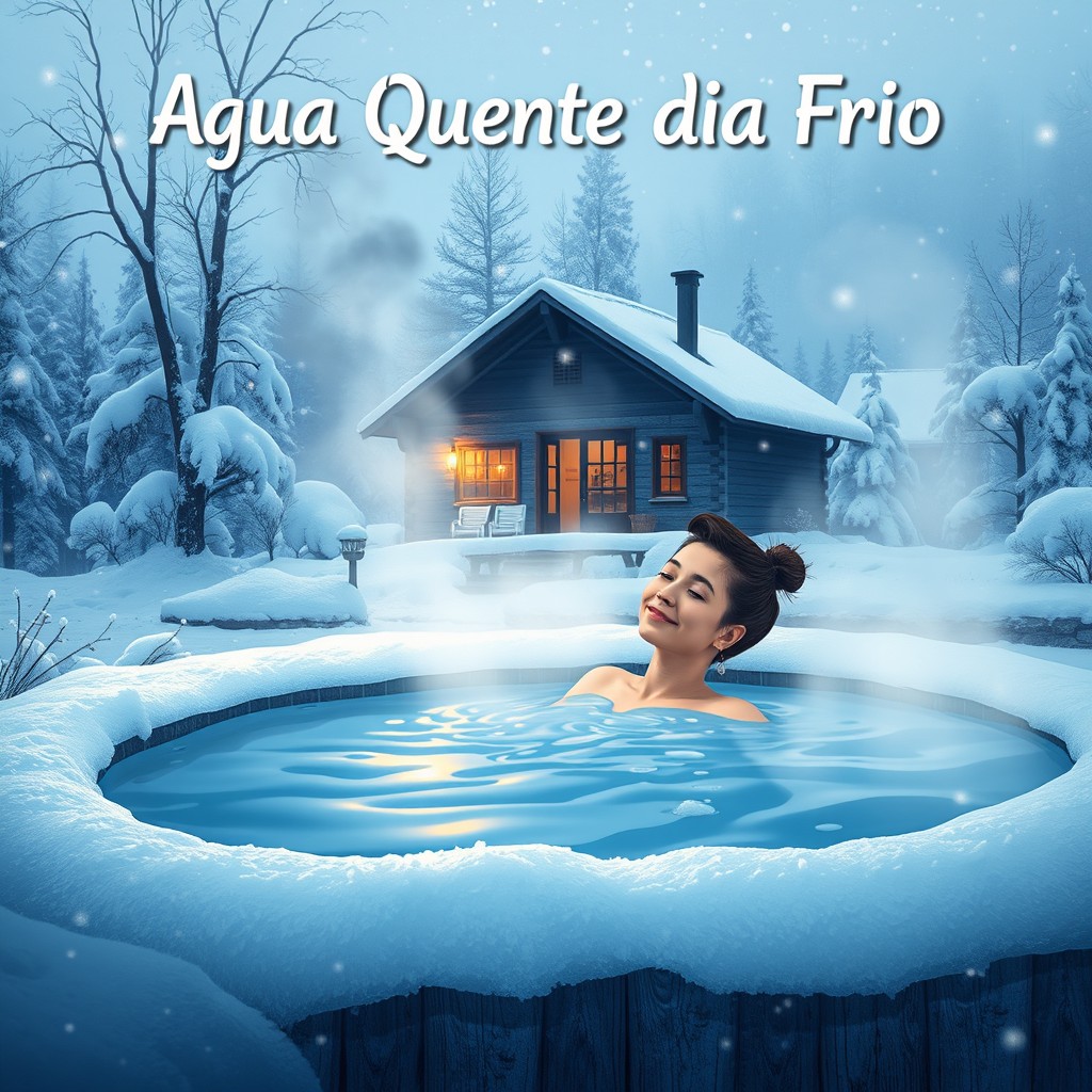 a serene winter scene illustrating the concept of 'Água Quente Dia Frio', featuring a steaming hot spring surrounded by snow-dusted trees and gently falling snowflakes, a cozy, inviting atmosphere with a person relaxing in the hot water, steam rising, warm light illuminating their relaxed expression against the cold blue tones of winter, a backdrop of a quaint wooden cabin nearby with smoke curling from the chimney, evoking feelings of warmth and tranquility in a cold setting
