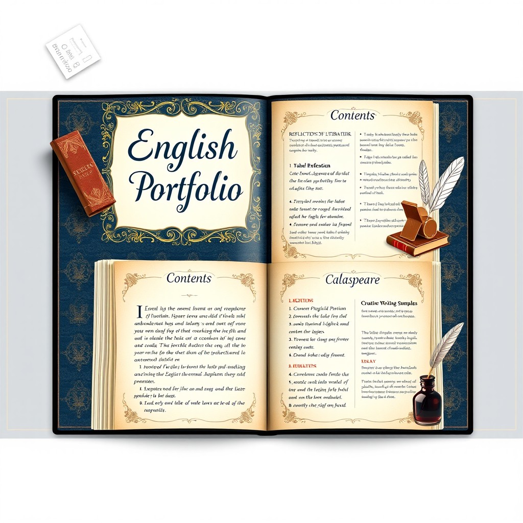 A beautifully designed English portfolio layout featuring an elegant cover page with the title 'English Portfolio' in artistic typography