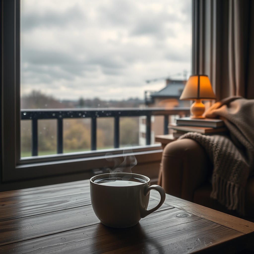 A cozy scene depicting a steaming cup of hot water or herbal tea placed on a wooden table by a window, with rain droplets on the glass