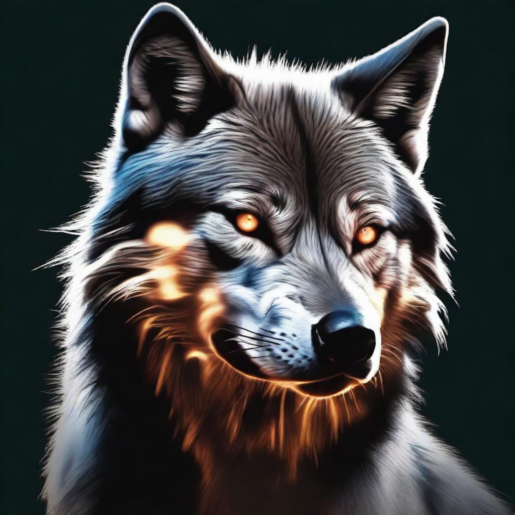 Create an ultra-realistic image of a wolf resembling Venom with glowing eyes