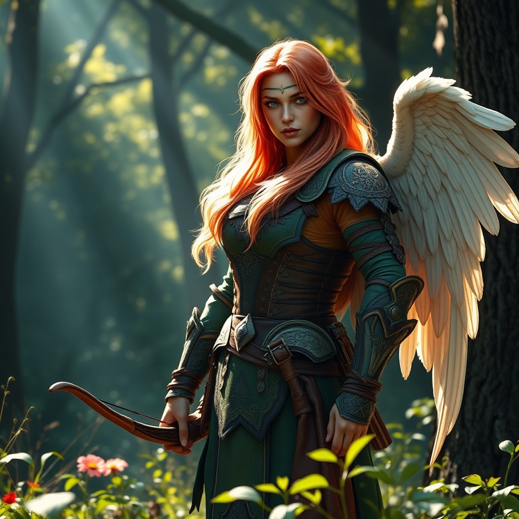 A magnificent ranger aasimar character with striking light red skin, standing confidently in a lush forest setting