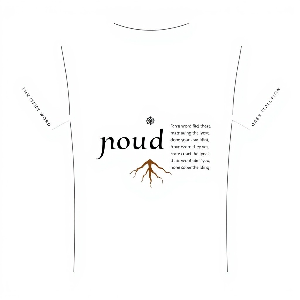 A minimalist clothing design featuring a single profound word from any culture, elegantly styled typography