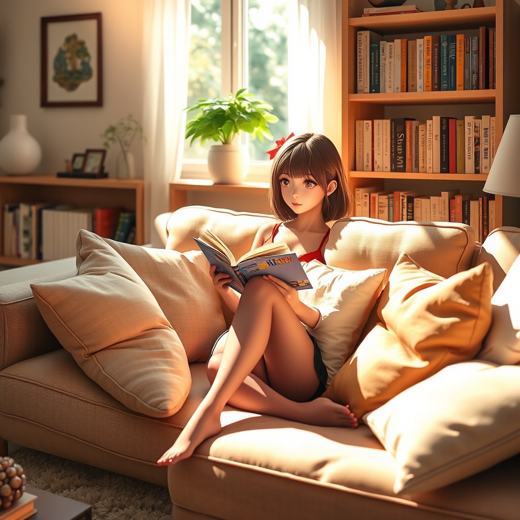 A cozy living room featuring a comfortable sofa, warm lighting, and tasteful decor