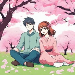 An anime style illustration of a happy and loving couple, sitting together in a comfortable setting, possibly a park or a festival, under a cherry blossom tree. The colors should be bright and cheerful.