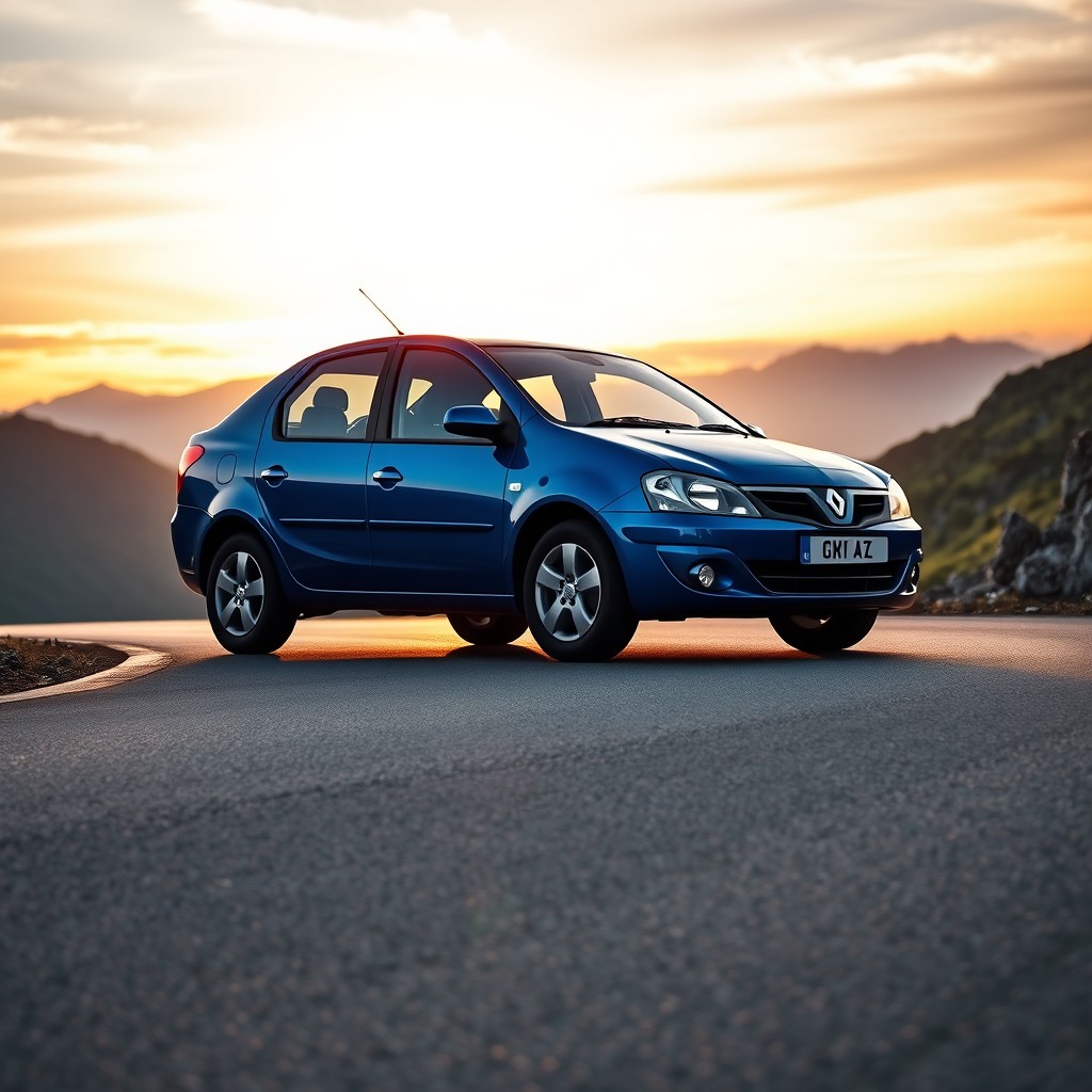 A striking image of a 2008 Renault Logan parked on a winding mountain road, showcasing its sleek body design and modern features