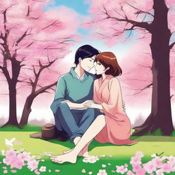 An anime style illustration of a happy and loving couple, sitting together in a comfortable setting, possibly a park or a festival, under a cherry blossom tree. The colors should be bright and cheerful.