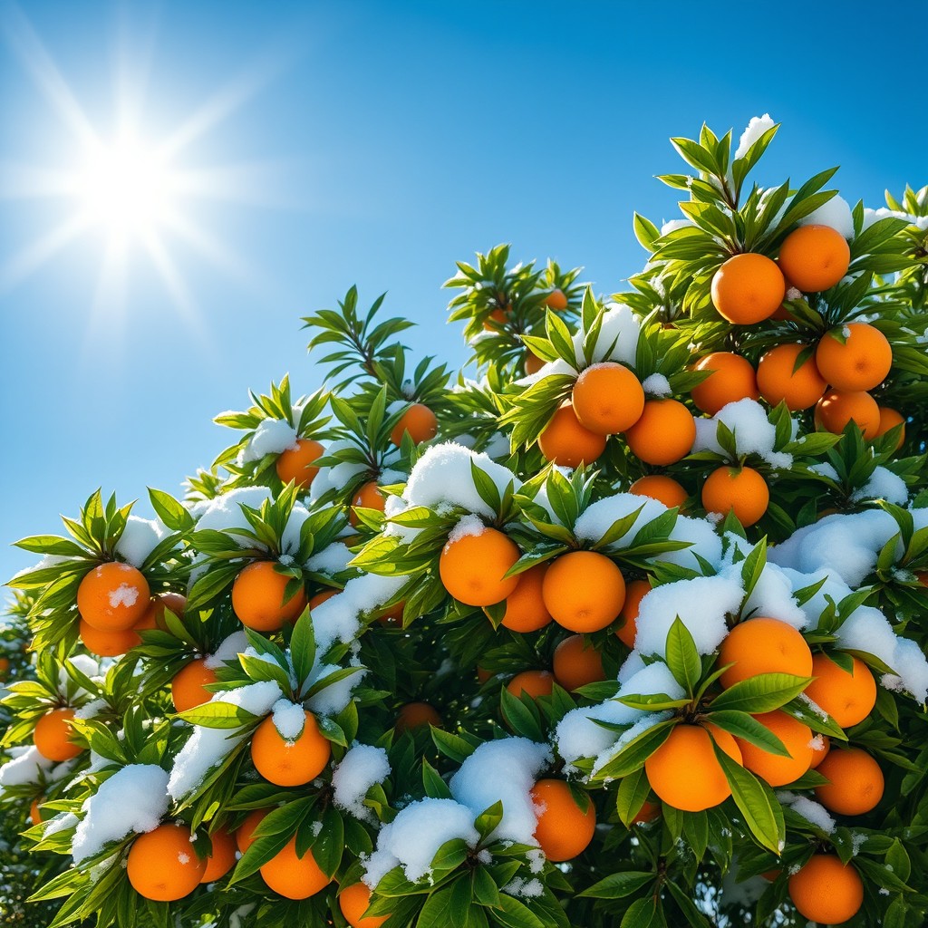 A mandarin tree in the Caribbean, vibrant and lush, under a radiant sun shining brightly in a clear blue sky