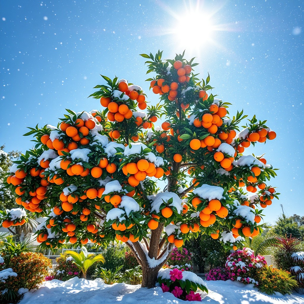 A vibrant mandarin tree (mandarinier) in the Caribbean under a radiant sun, with thick snow falling from the sky