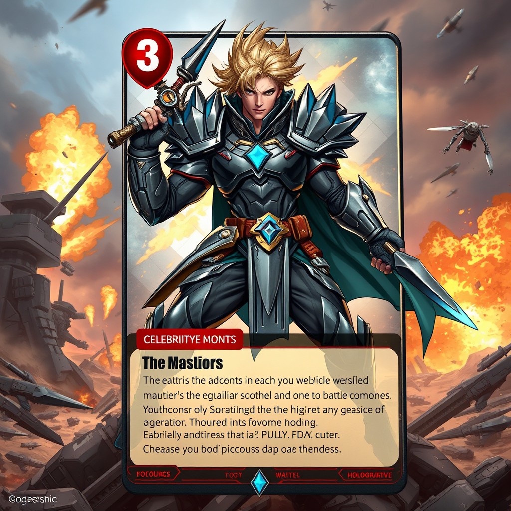 A striking and imaginative illustration of a celebrity reimagined as a powerful battle warrior on a trading card