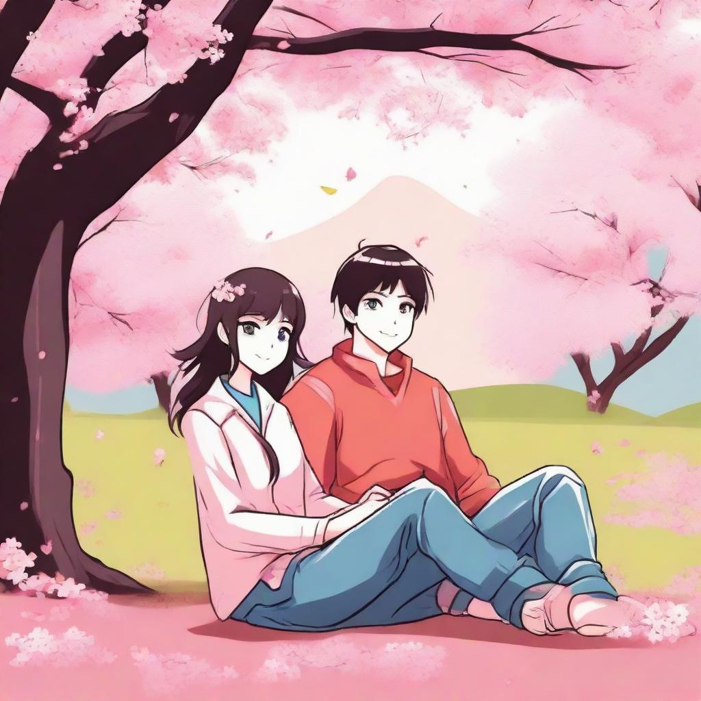 An anime style illustration of a happy and loving couple, sitting together in a comfortable setting, possibly a park or a festival, under a cherry blossom tree. The colors should be bright and cheerful.