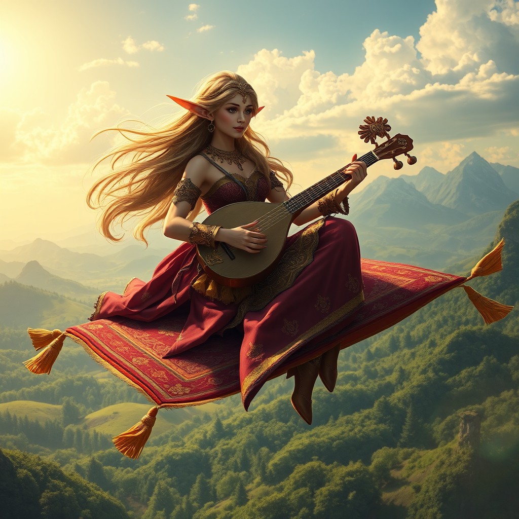 A beautiful elf bard with long flowing hair, elegantly dressed in ornate attire showcasing intricate designs and vibrant colors, gracefully playing a magical lute while seated on a flying carpet