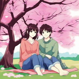 An anime style illustration of a happy and loving couple, sitting together in a comfortable setting, possibly a park or a festival, under a cherry blossom tree. The colors should be bright and cheerful.