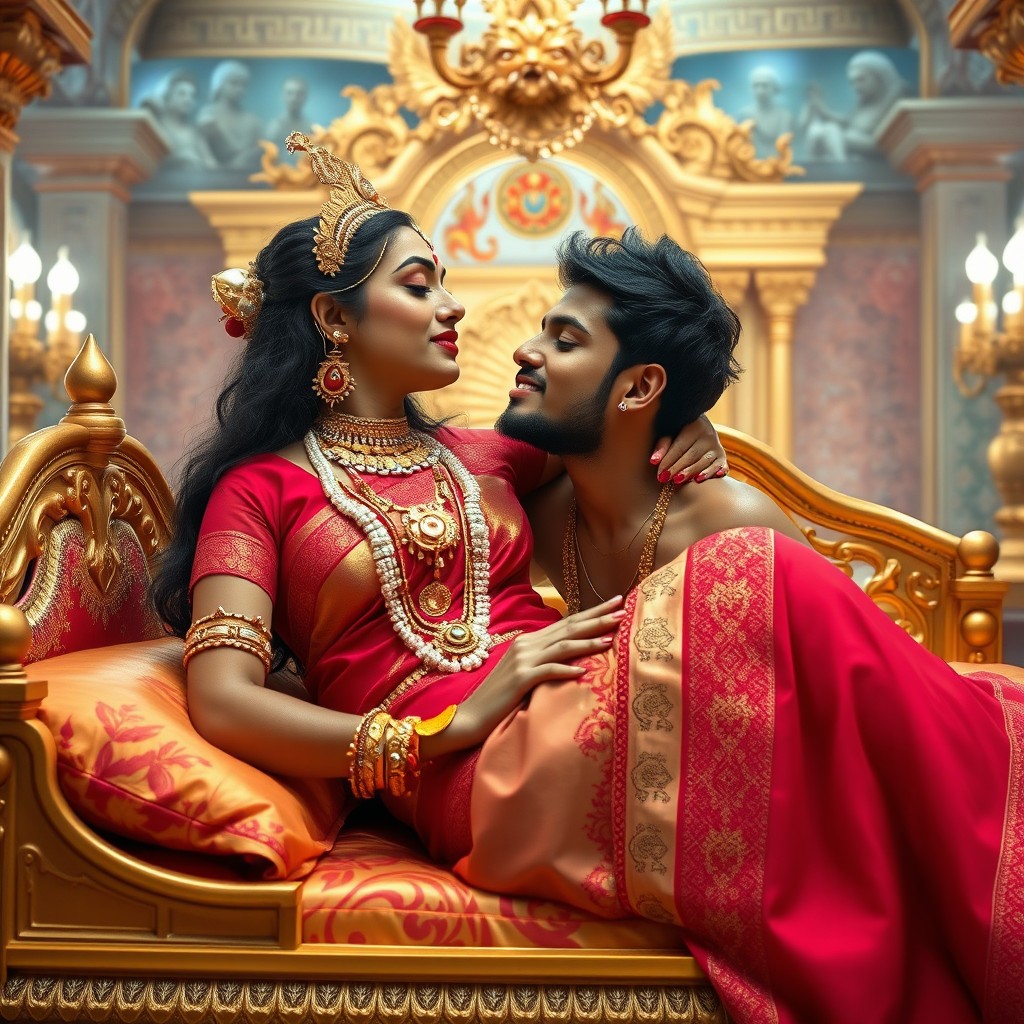 A beautiful Hindu Devi wearing elaborate jewellery, including necklaces and nose rings, along with traditional payal adorned around her feet