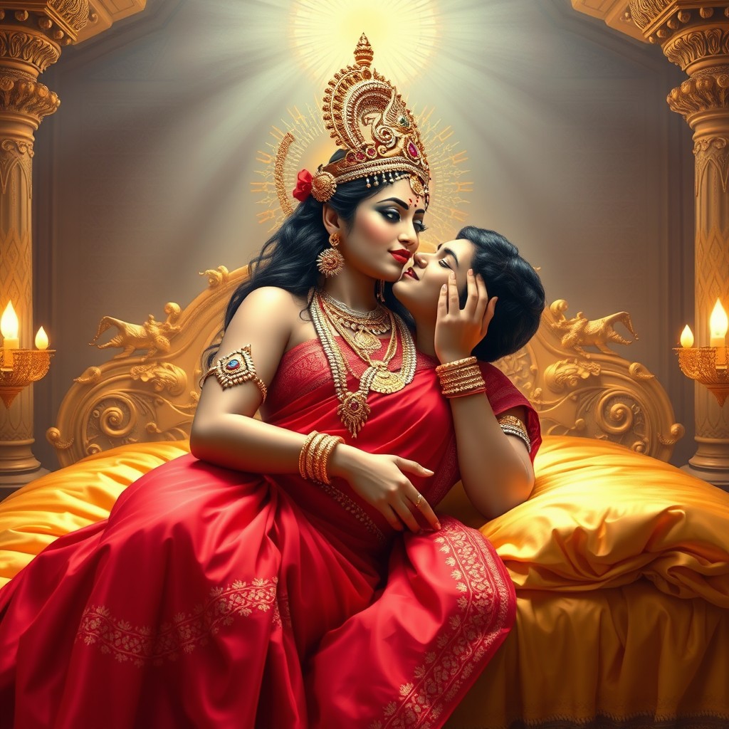 A beautiful divine Hindu Devi adorned with exquisite jewellery, including necklaces and nose rings, and wearing traditional payal around her feet
