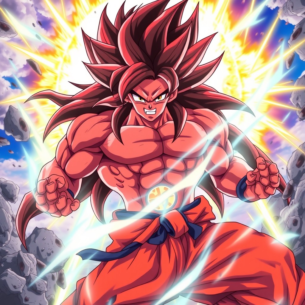 A powerful Saiyan warrior in Super Saiyan 4 transformation, featuring fiery red fur, a muscular physique, and an intense expression