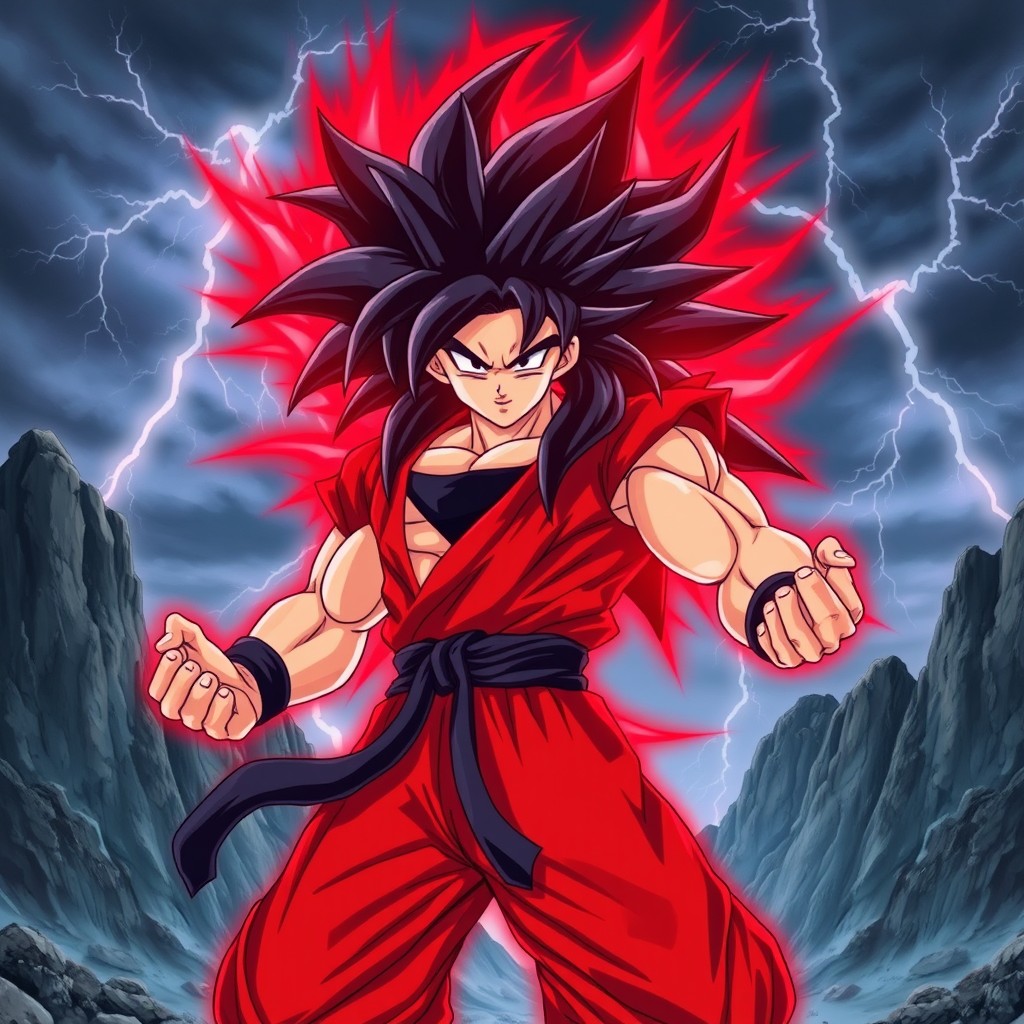 A powerful and dynamic depiction of a Super Saiyan 4, showcasing their iconic long, wild black hair and fierce red aura radiating around them