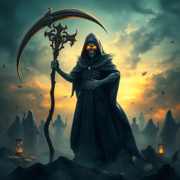 A majestic and enigmatic figure embodying the God of Death, adorned in a dark cloak with intricate silver patterns, holding a large ornate scythe