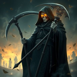 A majestic and enigmatic figure embodying the God of Death, adorned in a dark cloak with intricate silver patterns, holding a large ornate scythe