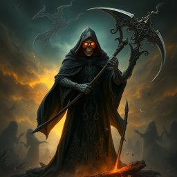 A majestic and enigmatic figure embodying the God of Death, adorned in a dark cloak with intricate silver patterns, holding a large ornate scythe