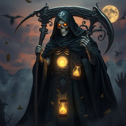 A majestic and enigmatic figure embodying the God of Death, adorned in a dark cloak with intricate silver patterns, holding a large ornate scythe