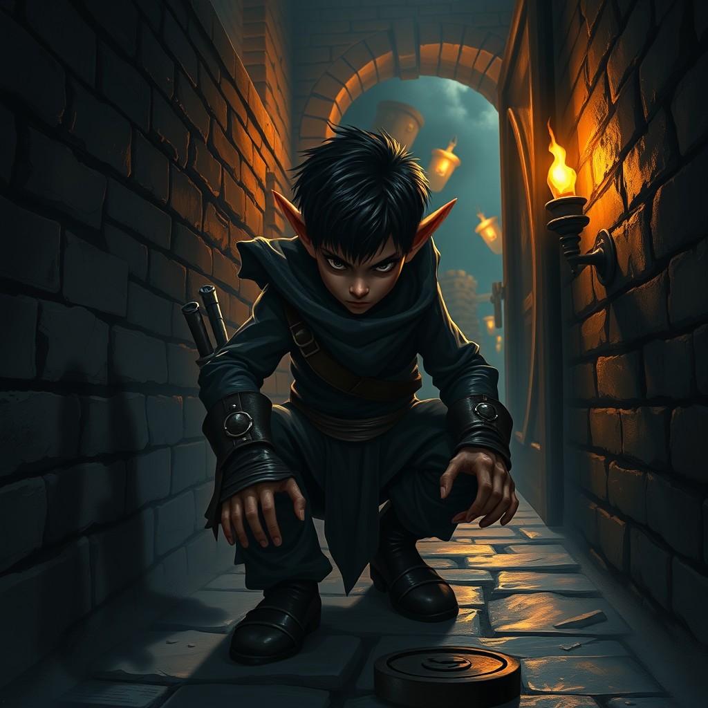 A shadow monk halfling depicted as a skilled criminal, blending seamlessly into the darkness of a narrow alleyway in a fantasy city