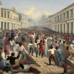 A historical scene depicting the day of the abolition of slavery in Venezuela in 1854. Imagine a bustling crowd infused with a mix of relief, joy and momentum towards the future.