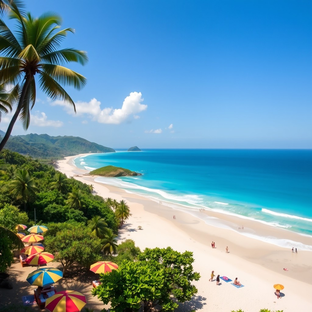 A stunning view of Pantai Drini, a beautiful beach in Indonesia, showcasing the pristine coastline with soft white sand and crystal clear turquoise waters