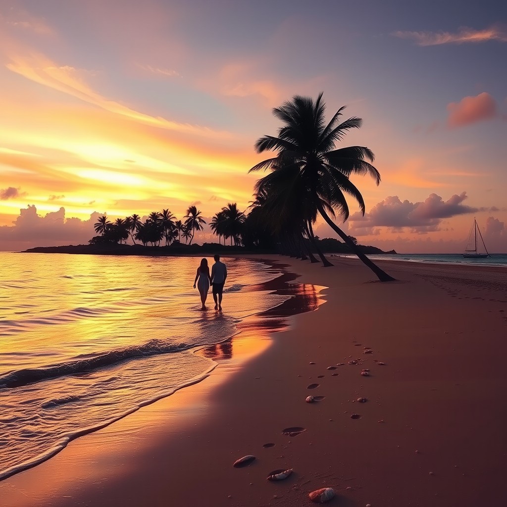 A serene beach scene at sunset, with gentle waves lapping against the shore