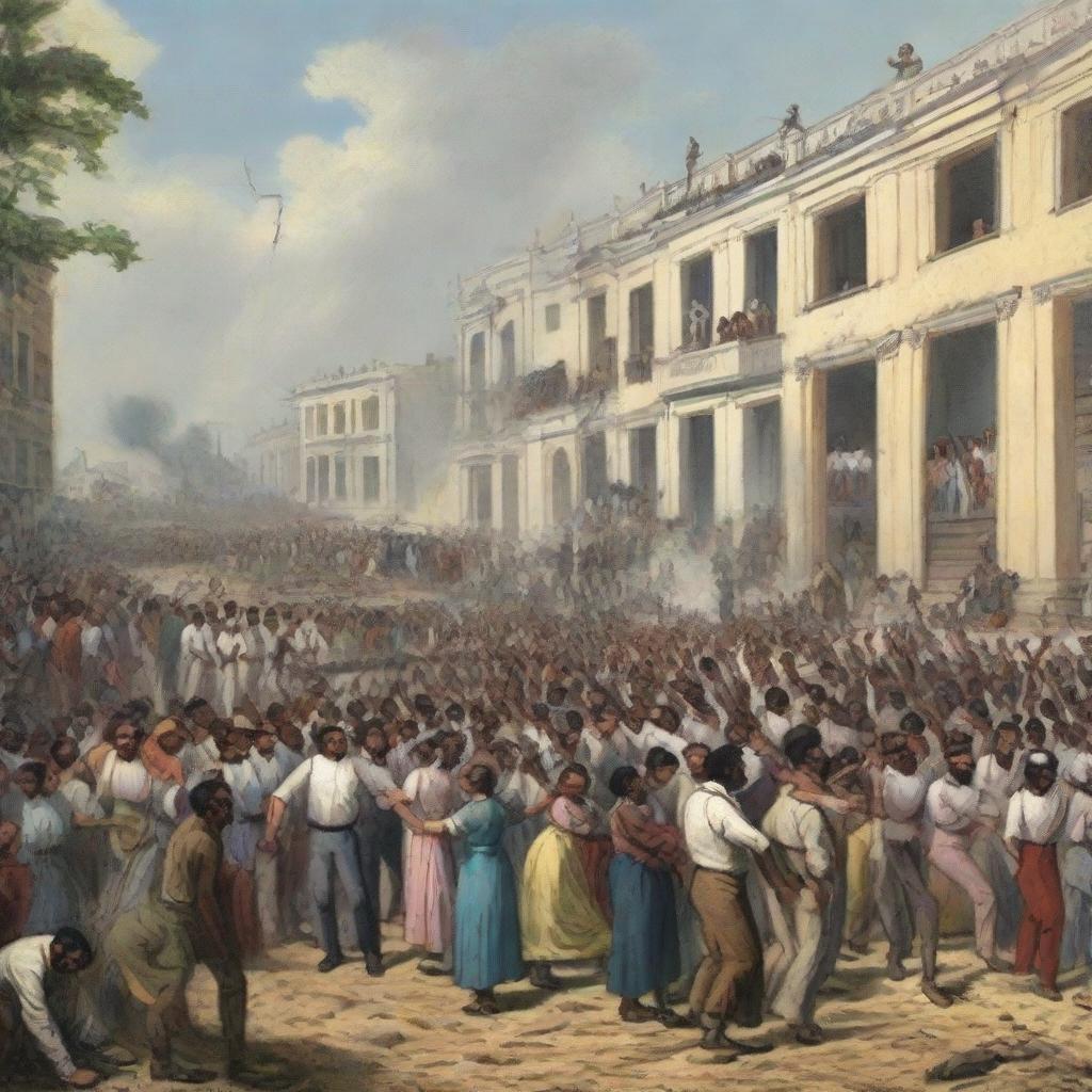 A historical scene depicting the day of the abolition of slavery in Venezuela in 1854. Imagine a bustling crowd infused with a mix of relief, joy and momentum towards the future.