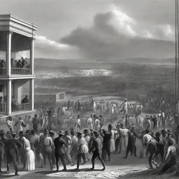 A historical scene depicting the day of the abolition of slavery in Venezuela in 1854. Imagine a bustling crowd infused with a mix of relief, joy and momentum towards the future.