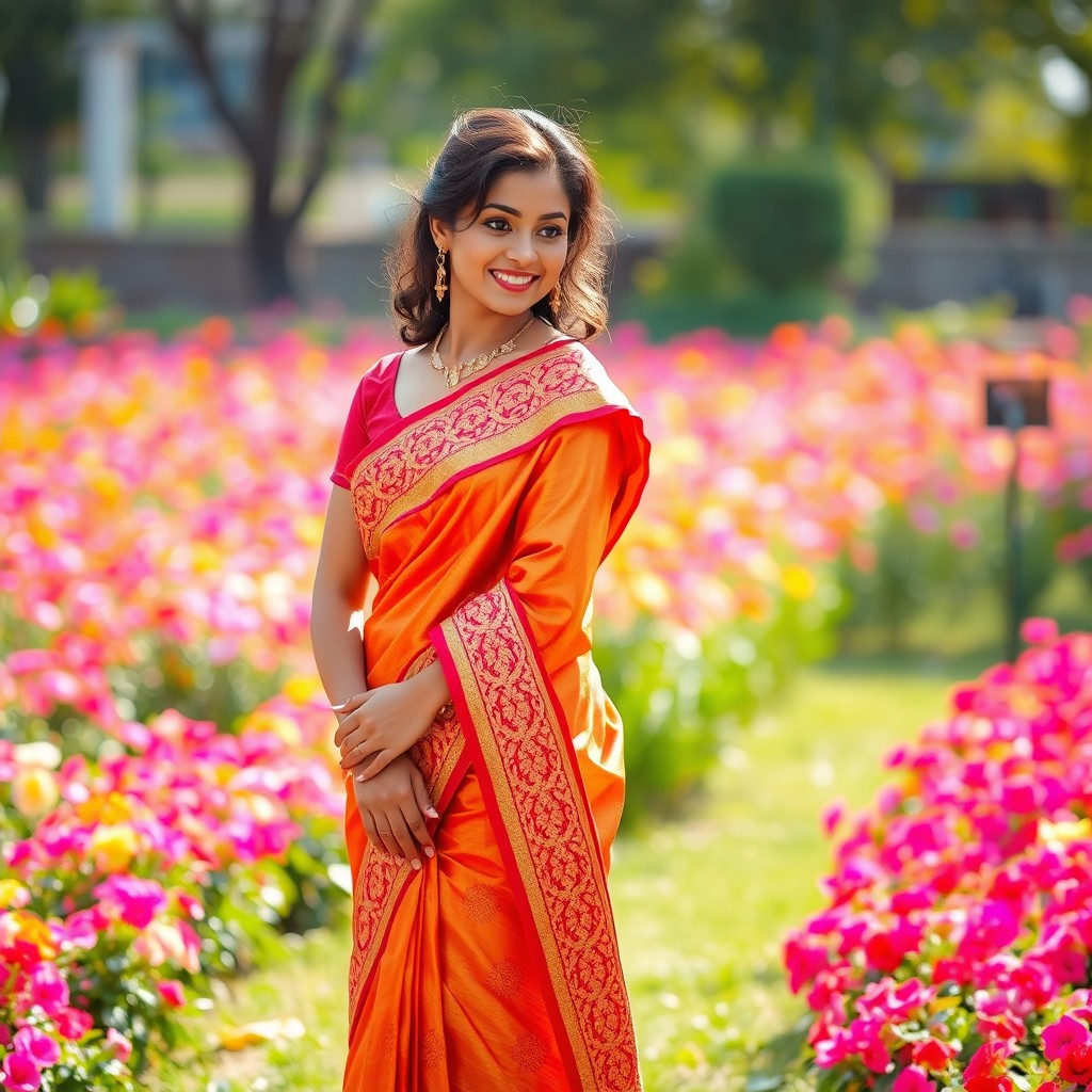A beautiful young woman elegantly draped in a vibrant saree, standing gracefully in an open garden filled with colorful flowers