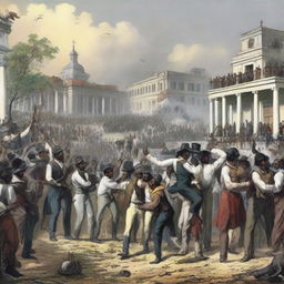 A historical scene depicting the day of the abolition of slavery in Venezuela in 1854. Imagine a bustling crowd infused with a mix of relief, joy and momentum towards the future.