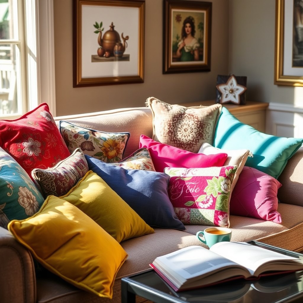 A cozy living room scene featuring an array of colorful and textured pillows scattered on a plush sofa