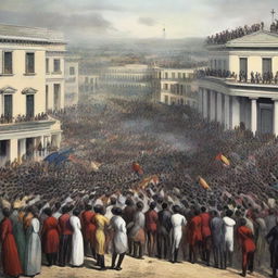 A momentous event from March 24th, 1854, when abolition of slavery was decreed in Venezuela. Elevated sense of emotional fervor and jubilant crowds should be visible.