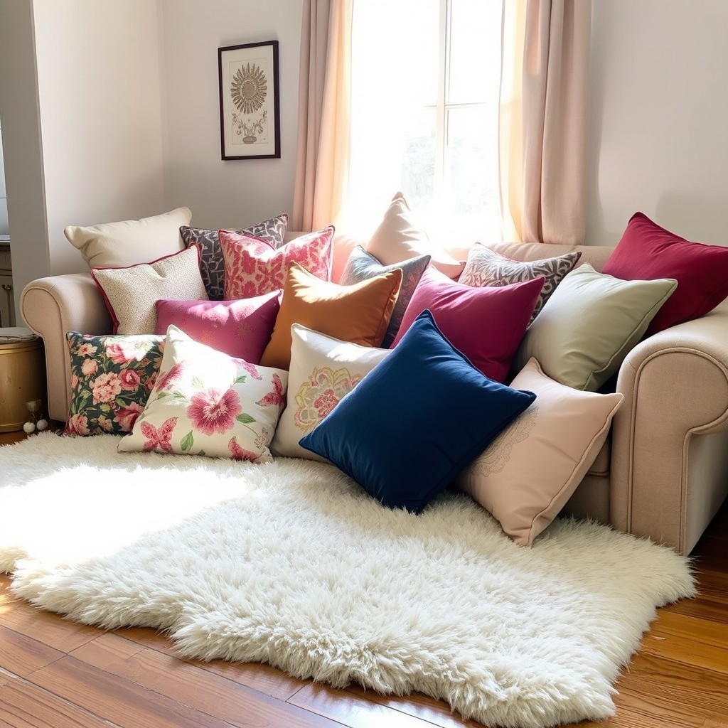 A cozy living room filled with an array of colorful pillows scattered on a plush sofa