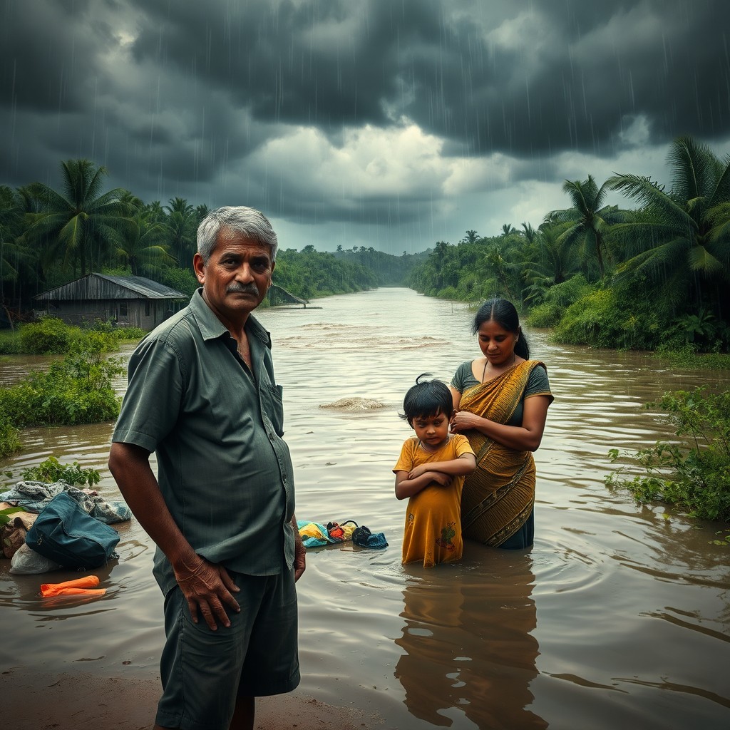 An emotional scene depicting a monsoon day in Sri Lanka, where a man stands in front of a devastating flood, alongside his family