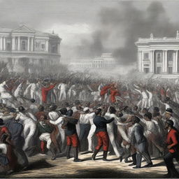 A momentous event from March 24th, 1854, when abolition of slavery was decreed in Venezuela. Elevated sense of emotional fervor and jubilant crowds should be visible.