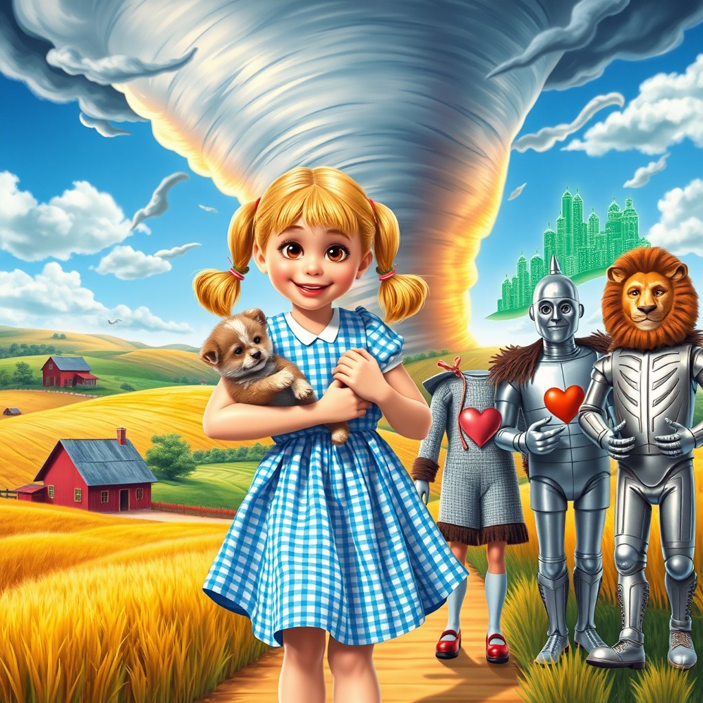 A vibrant and whimsical scene depicting young Dorothy Gale, an adventurous girl with blonde hair in pigtails, wearing a blue gingham dress and shining red slippers